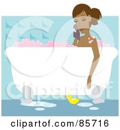 Relaxed Hispanic Woman Taking A Luxurious Bubble Bath In A Claw Foot Tub