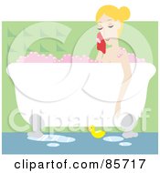 Relaxed Caucasian Woman Taking A Luxurious Bubble Bath In A Claw Foot Tub