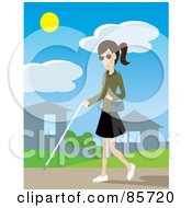Poster, Art Print Of Blind Caucasian Woman Walking Through A Neighborhood With A White Cane