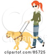 Blind Caucasian Woman Walking With A Yellow Labrador Guide Dog