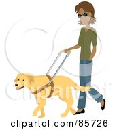 Blind Hispanic Woman Walking With A Yellow Labrador Guide Dog