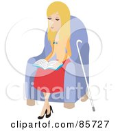 Blind Caucasian Woman Sitting In A Chair And Reading Braille Her Cane At Her Side