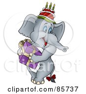 Poster, Art Print Of Gray Birthday Elephant Wearing A Cake On His Head And Carrying A Gift