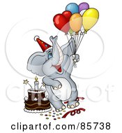 Poster, Art Print Of Gray Birthday Elephant With Balloons A Hat And Cake At A Party