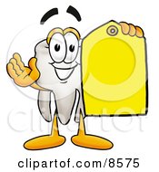 Clipart Picture Of A Tooth Mascot Cartoon Character Holding A Yellow Sales Price Tag