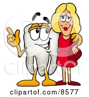 Poster, Art Print Of Tooth Mascot Cartoon Character Talking To A Pretty Blond Woman