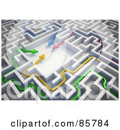 Royalty Free RF Clipart Illustration Of A Colorful 3d Arrows Meeting In The Center Of A Maze by Mopic #COLLC85784-0155