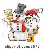 Poster, Art Print Of Tooth Mascot Cartoon Character With A Snowman On Christmas