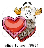 Tooth Mascot Cartoon Character With An Open Box Of Valentines Day Chocolate Candies