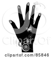 Royalty Free RF Clipart Illustration Of A Black Womans Hand With Swirls Vines And Butterflies by BNP Design Studio