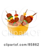 Meat And Veggie Kebabs In A Yellow Bowl