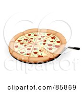 Royalty Free RF Clipart Illustration Of A Spatula Lifting A Cheesy Piece Of Sausage Pizza by BNP Design Studio