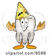 Clipart Picture Of A Tooth Mascot Cartoon Character Wearing A Birthday Party Hat by Toons4Biz