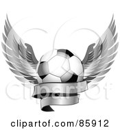Poster, Art Print Of Shiny Soccer Ball With Silver Feathered Wings And A Blank Banner