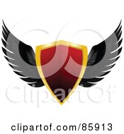 Poster, Art Print Of Red And Gold Shiny Shield With Black Feathered Wings