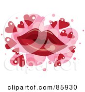 Red Pair Of Lips Over Pink Spots With Red Hearts On White