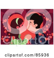 Poster, Art Print Of Young Couple Smooching Over A Background Of Hearts