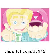 Royalty Free RF Clipart Illustration Of A Blond Businessman Holding His Thumb Up And Presenting A Diamond Engagement Ring