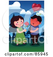 Poster, Art Print Of Young Couple Exchanging A Rose And Balloon