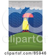 Caucasian Woman Shielded By An Umbrella Under A Rain Cloud