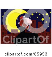 Royalty Free RF Clipart Illustration Of Santa On Top Of Red Urban Buildings Under A Crescent Moon by mayawizard101