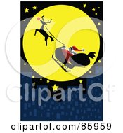 Poster, Art Print Of Santa And Rudolph Flying In Front Of A Full Moon Over A City