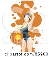 Royalty Free RF Clipart Illustration Of A Caucasian Woman Swimmer Presenting Her First Place Medal by mayawizard101