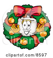 Tooth Mascot Cartoon Character In The Center Of A Christmas Wreath