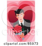 Poster, Art Print Of Romantic Man Holding Out A Bouquet Of Red Roses