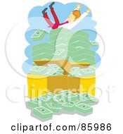 Poster, Art Print Of Businessman Falling On Top Of A Giant Stack Of Cash