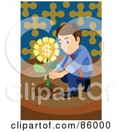 Brunette Businessman Crouching And Planting A Money Flower