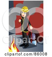 Poster, Art Print Of Fire Woman Holding An Ax And Standing Between A Fire Engine And Flames