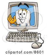 Clipart Picture Of A Tooth Mascot Cartoon Character Waving From Inside A Computer Screen