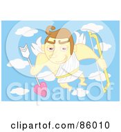 Royalty Free RF Clipart Illustration Of A Brunette Cupid In The Sky With A Bow And Arrow by mayawizard101