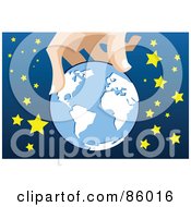 Royalty Free RF Clipart Illustration Of A Giant Hand Holding A Globe Around Stars