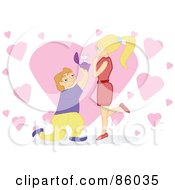 Poster, Art Print Of Caucasian Man Kneeling And Proposing To A Pleased Woman Over Pink Hearts