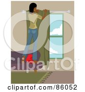 Royalty Free RF Clipart Illustration Of An Indian Woman Standing On A Sofa And Hanging Drapes by Rosie Piter