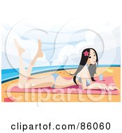 Royalty Free RF Clipart Illustration Of A Pretty Asian Woman Sun Bathing In A Bikini On A Beach by mayawizard101