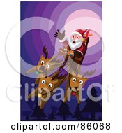 Poster, Art Print Of Three Reindeer Flying Santas Sleigh On A Purple Night