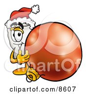 Tooth Mascot Cartoon Character Wearing A Santa Hat Standing With A Christmas Bauble by Mascot Junction
