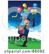 Birthday Boy Running With Balloons And A Present