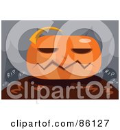 Royalty Free RF Clipart Illustration Of A Blocky Halloween Pumpkin By Tombstones