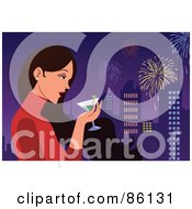 Poster, Art Print Of Woman Drinking A Martini And Watching Fireworks Over A City