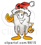 Clipart Picture Of A Tooth Mascot Cartoon Character Wearing A Santa Hat And Waving