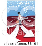 Poster, Art Print Of Businessman Standing On Arrows That Fork Off Into Different Directions