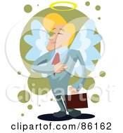 Poster, Art Print Of Blond Businessman With Angel Wings And A Halo Holding His Hand To His Ches