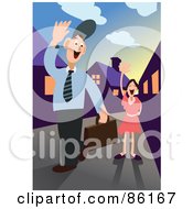 Royalty Free RF Clipart Illustration Of A Businessman Waving Goodbye To His Daughter As He Leaves For Work