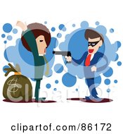 Royalty Free RF Clipart Illustration Of A Caucasian Businessman Pointing A Gun And Stealing A Bag Of Money From Another Man by mayawizard101