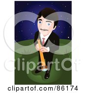 Businessman Standing Outside At Night Wiith A Telescope