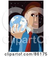 Poster, Art Print Of Brunette Businessman Holding A Blue Globe In His Hand